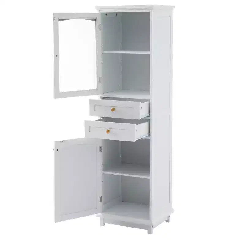 63 Zoll hoher Badezimmerschrank mit Glastüren, zwei Schubladen und verstellbaren Einlegeböden