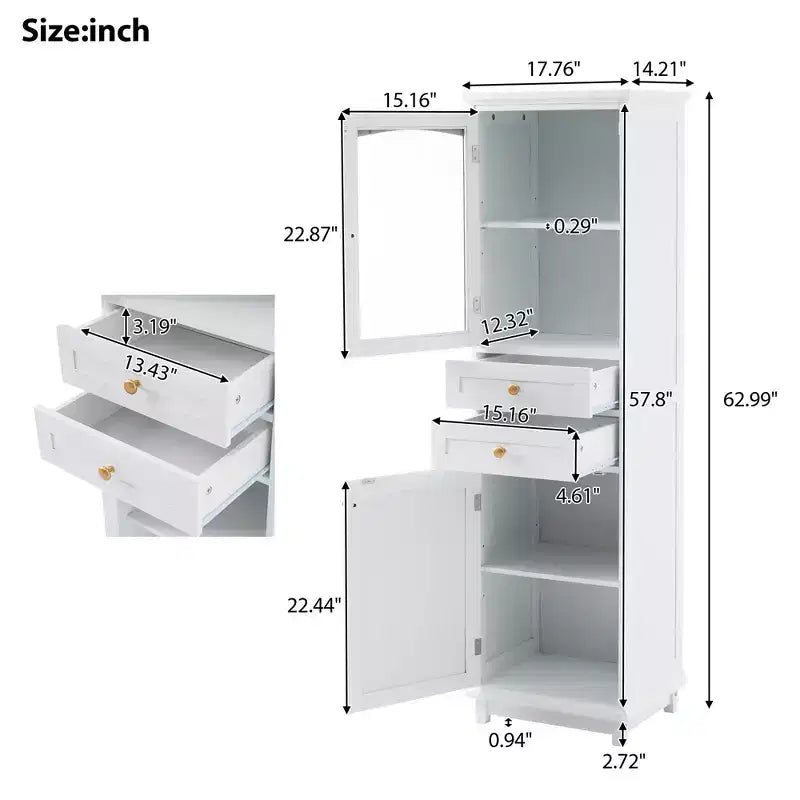 63 Zoll hoher Badezimmerschrank mit Glastüren, zwei Schubladen und verstellbaren Einlegeböden