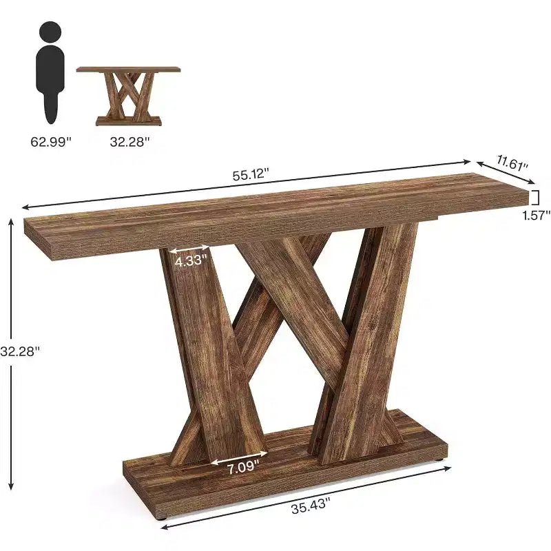 Mesa consola estilo granja de 55.12 pulgadas, mesa moderna para colocar detrás del sofá con base geométrica, mesa auxiliar estrecha de madera y tablero largo para la entrada