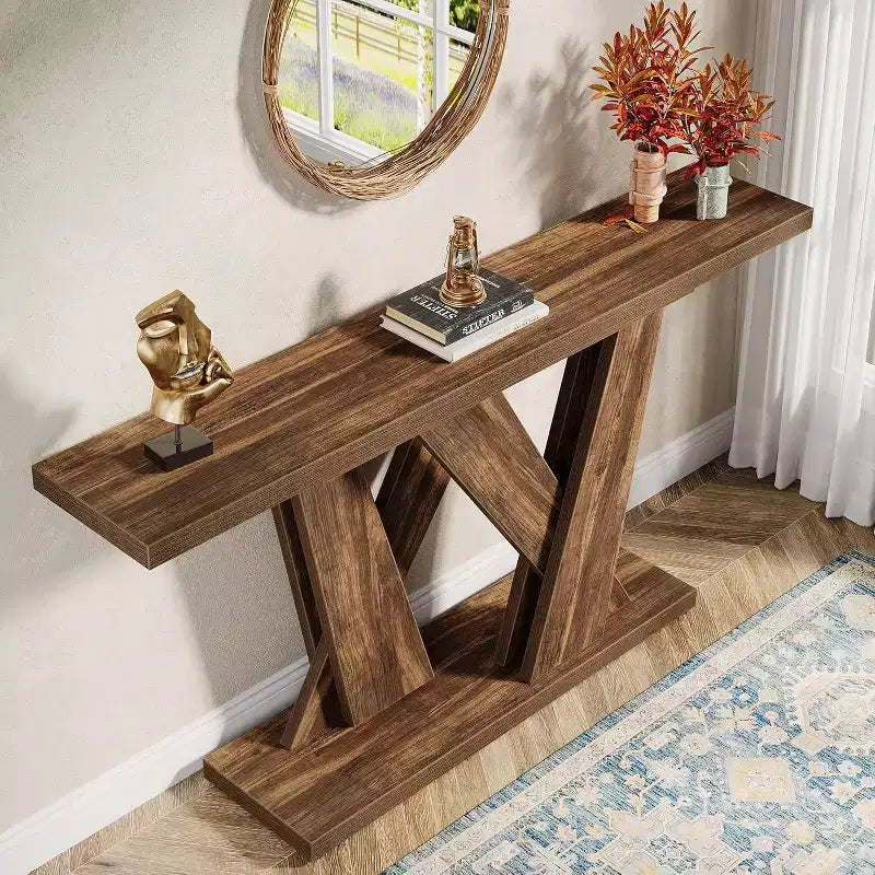 Mesa consola estilo granja de 55.12 pulgadas, mesa moderna para colocar detrás del sofá con base geométrica, mesa auxiliar estrecha de madera y tablero largo para la entrada