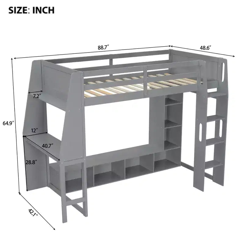 Cama alta de madera tamaño individual para videojuegos, con escritorio, estantes de almacenamiento, luces LED y perchero