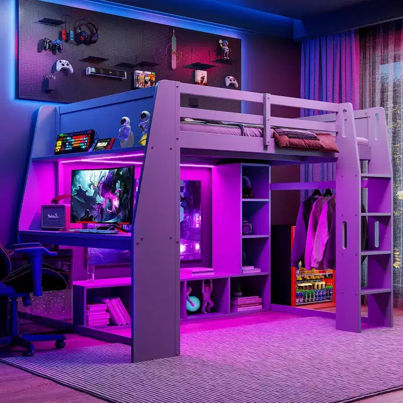 Cama alta de madera tamaño individual para videojuegos, con escritorio, estantes de almacenamiento, luces LED y perchero