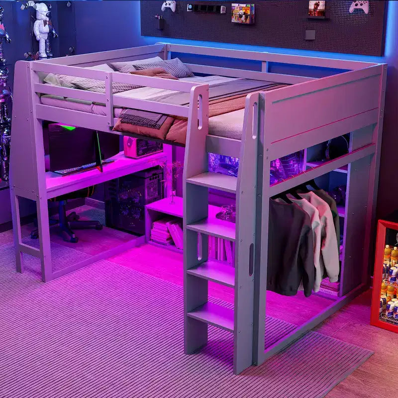 Gaming-Hochbett aus Holz in Einzelbettgröße mit Schreibtisch, mehreren Ablagefächern, LED-Beleuchtung und Kleiderstange