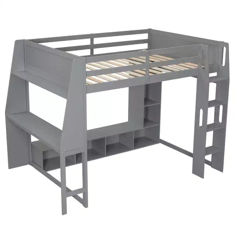 Cama alta de madera tamaño individual para videojuegos, con escritorio, estantes de almacenamiento, luces LED y perchero