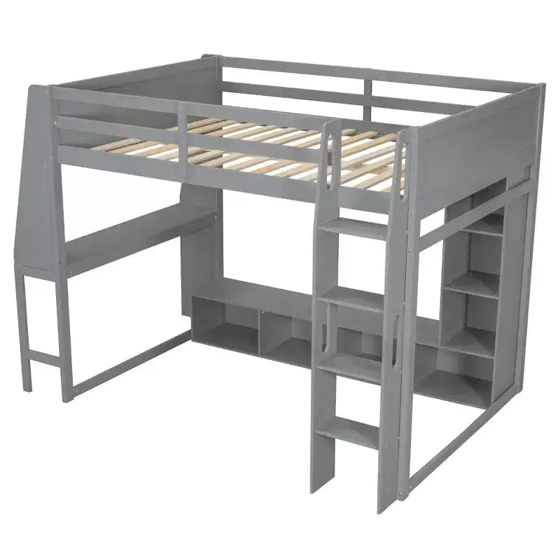 Cama alta de madera tamaño individual para videojuegos, con escritorio, estantes de almacenamiento, luces LED y perchero