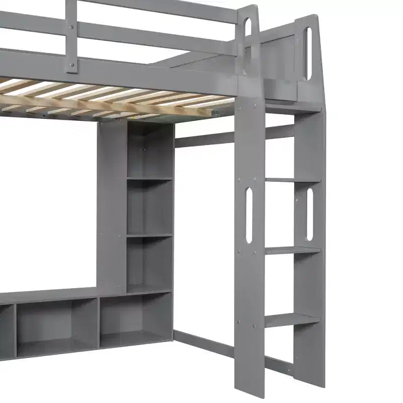 Cama alta de madera tamaño individual para videojuegos, con escritorio, estantes de almacenamiento, luces LED y perchero