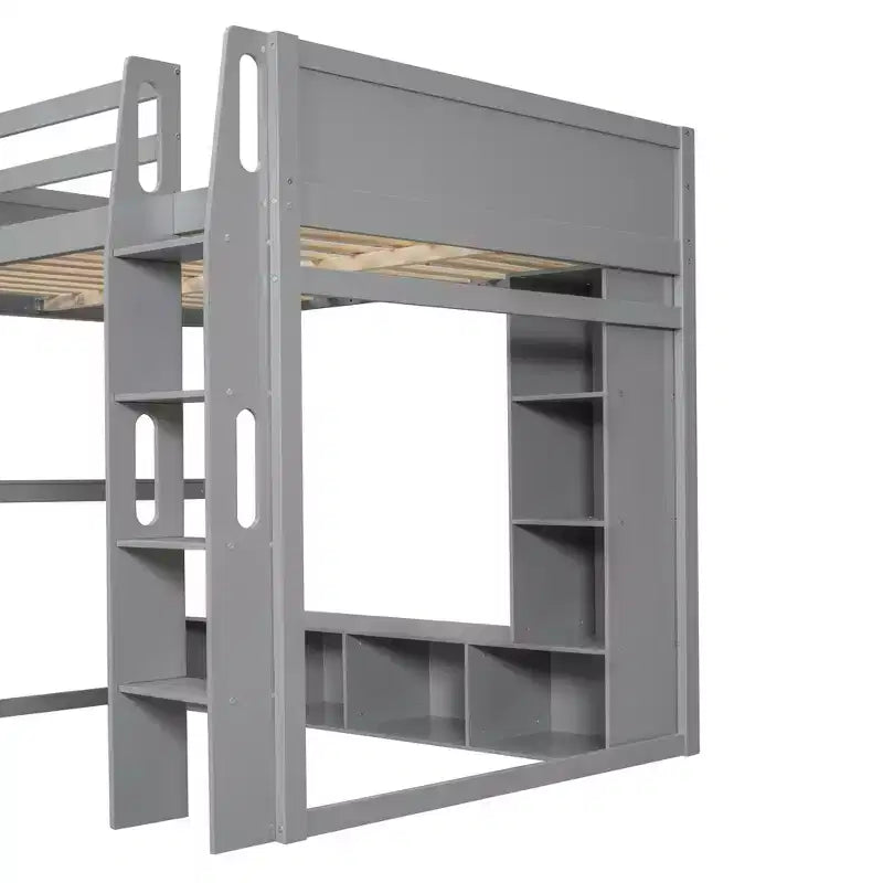Cama alta de madera tamaño individual para videojuegos, con escritorio, estantes de almacenamiento, luces LED y perchero