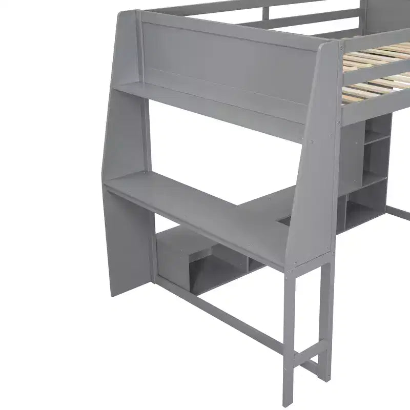 Cama alta de madera tamaño individual para videojuegos, con escritorio, estantes de almacenamiento, luces LED y perchero