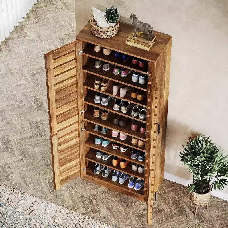 70.8 hoher Schuhschrank mit Lamellentüren, 9-stufiger vertikaler Schuhschrank für 27 Paar Schuhe