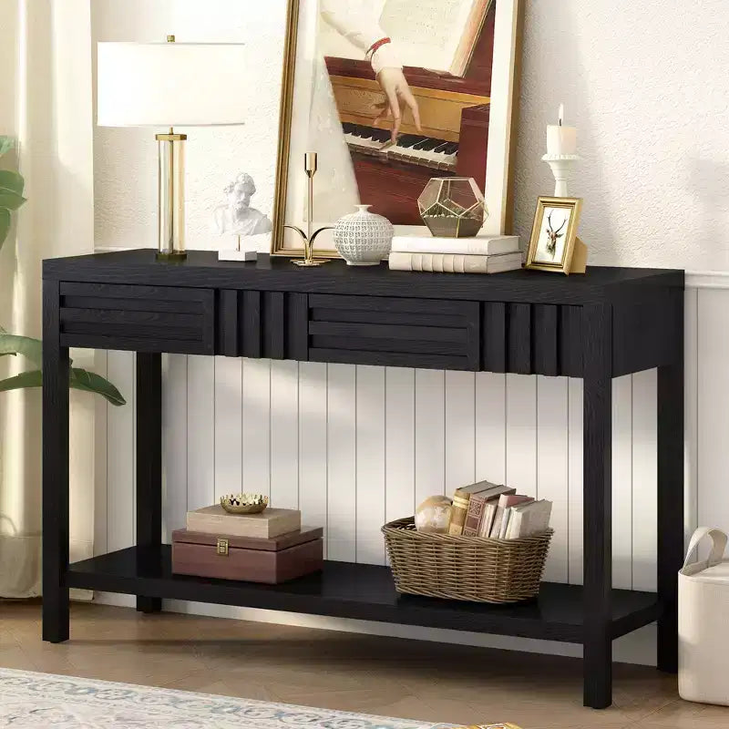 Mesa consola moderna de chapa de fresno con 2 cajones, mesa rústica de entrada con rayas, mesa estrecha para sofá