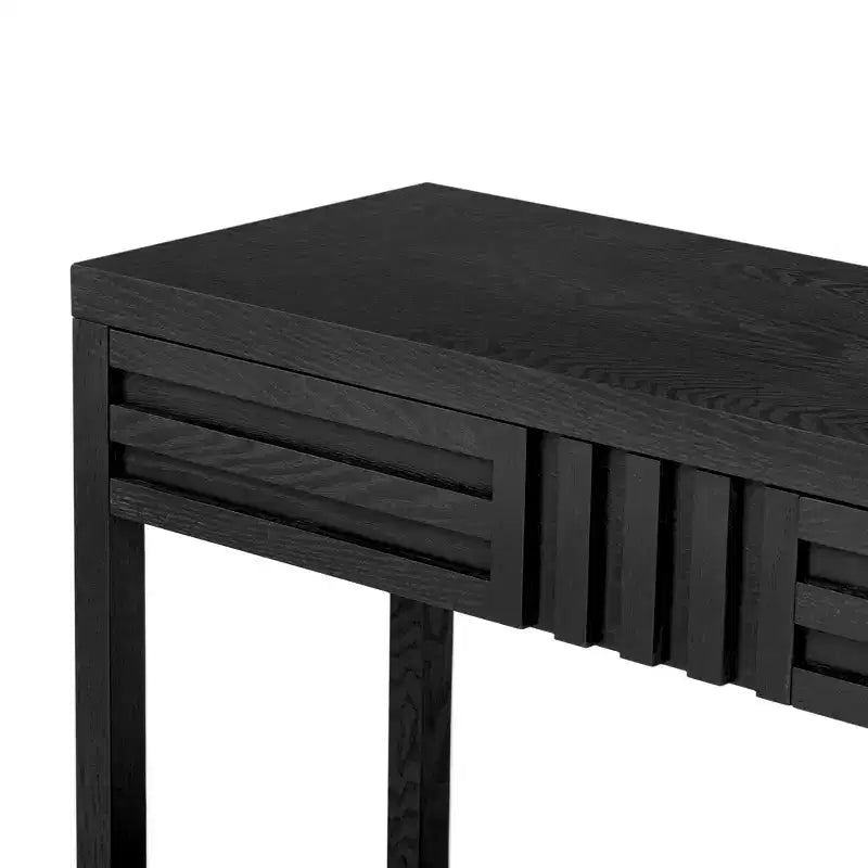 Moderner Konsolentisch mit Eschenfurnier und 2 Schubladen, rustikaler Flurtisch mit Streifenmuster, schmaler Sofatisch