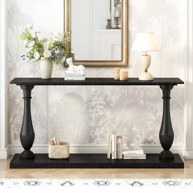 Consola vintage, mesa de entrada de chapa de pino con elegante diseño de patas en forma de jarrón