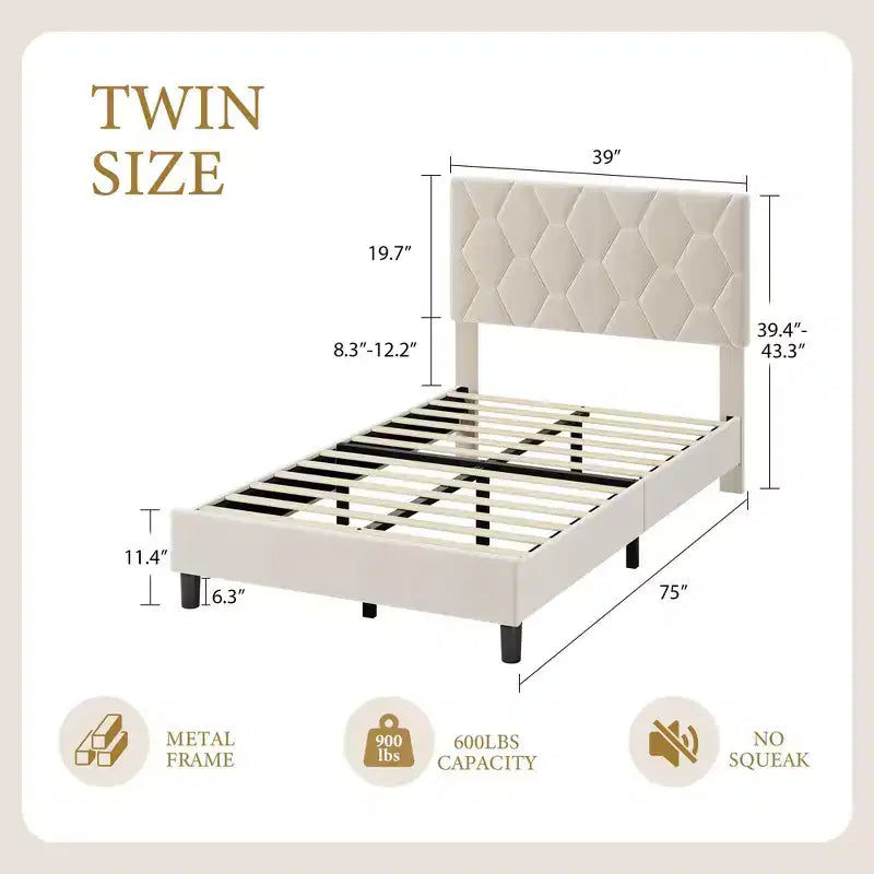Cama tapizada, plataforma resistente con listones de madera, no necesita somier, silenciosa y fácil de montar