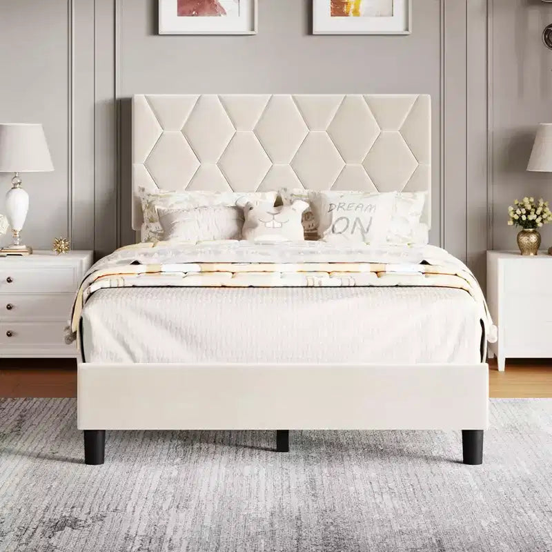 Cama tapizada, plataforma resistente con listones de madera, no necesita somier, silenciosa y fácil de montar