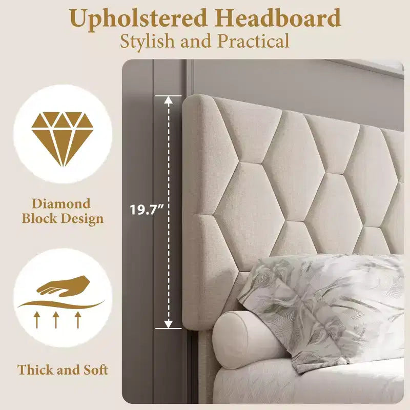 Cama tapizada, plataforma resistente con listones de madera, no necesita somier, silenciosa y fácil de montar
