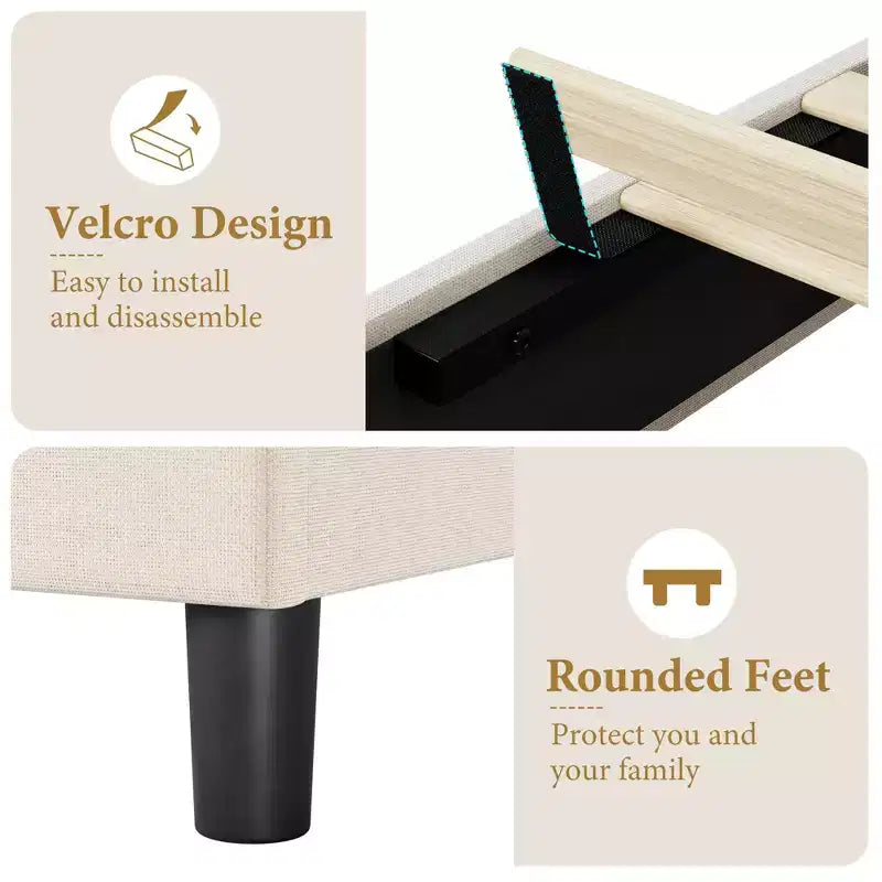 Cama tapizada, plataforma resistente con listones de madera, no necesita somier, silenciosa y fácil de montar