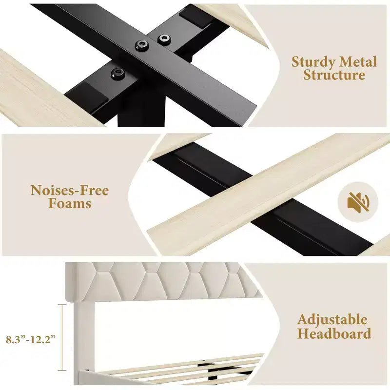 Cama tapizada, plataforma resistente con listones de madera, no necesita somier, silenciosa y fácil de montar