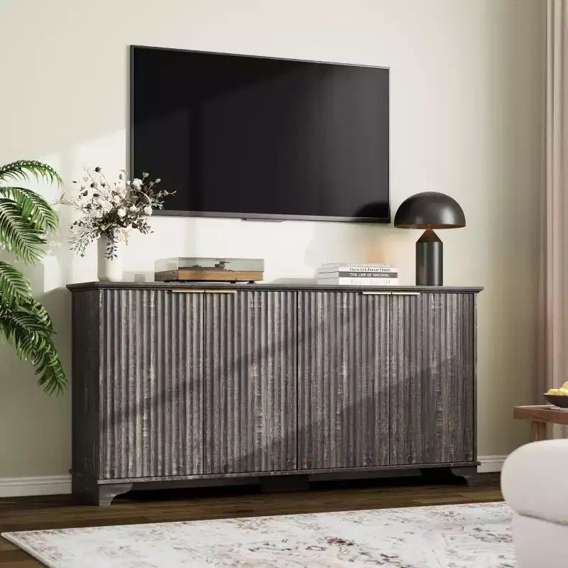 Geriffeltes Sideboard mit 4 Türen und Stauraum, Aufbewahrungsschrank mit verstellbaren Einlegeböden, Kaffeebarschrank für Küche und Wohnzimmer