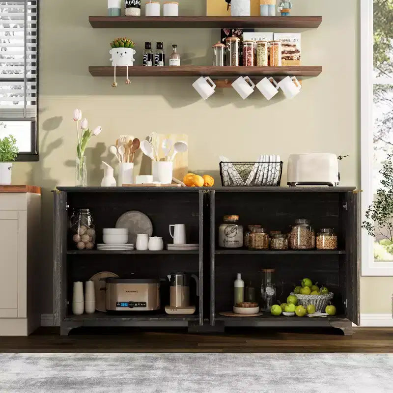 Geriffeltes Sideboard mit 4 Türen und Stauraum, Aufbewahrungsschrank mit verstellbaren Einlegeböden, Kaffeebarschrank für Küche und Wohnzimmer