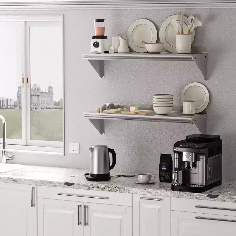 Estante de pared de acero inoxidable, estante flotante de metal con placa trasera y soportes ajustables para cocina, garaje y otros espacios