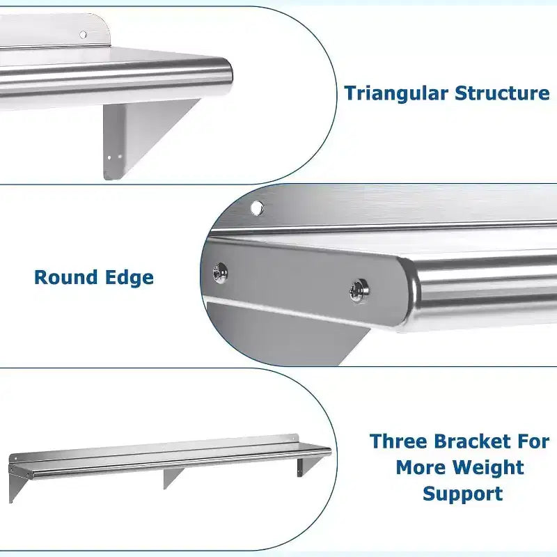 Estante de pared de acero inoxidable, estante flotante de metal con placa trasera y soportes ajustables para cocina, garaje y otros espacios