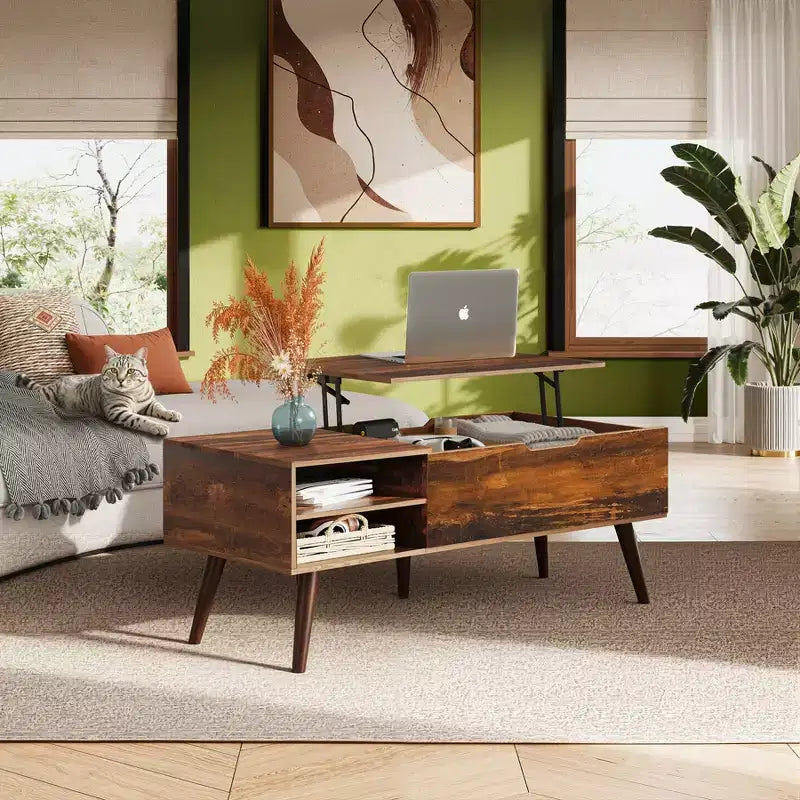 Table basse relevable avec étagère de rangement réglable et compartiment dissimulé, plateau relevable faisant office de table à manger pour le salon, chêne rustique