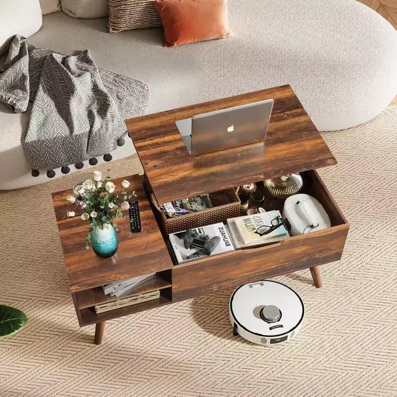 Table basse relevable avec étagère de rangement réglable et compartiment dissimulé, plateau relevable faisant office de table à manger pour le salon, chêne rustique