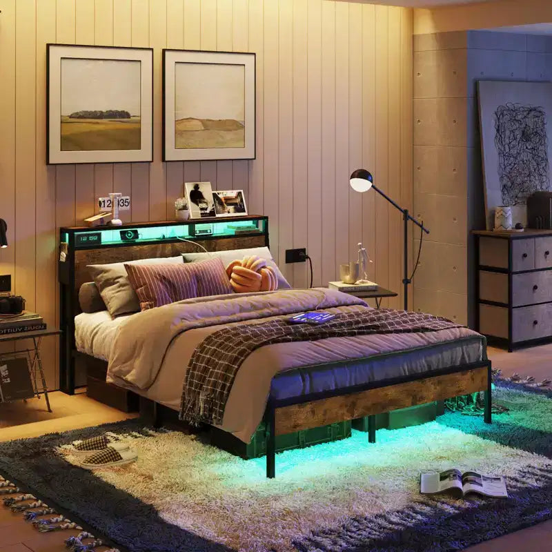 Estructura de cama tamaño full con plataforma y luces LED, cabecero de almacenamiento con estación de carga