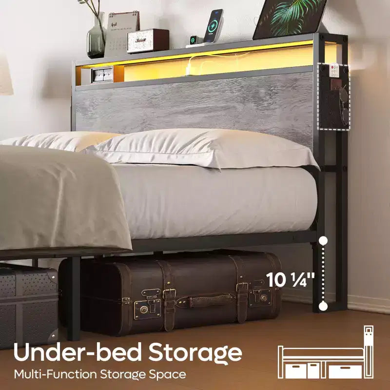 Estructura de cama tamaño full con plataforma y luces LED, cabecero de almacenamiento con estación de carga