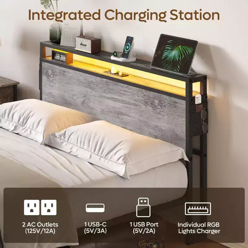 Estructura de cama tamaño full con plataforma y luces LED, cabecero de almacenamiento con estación de carga