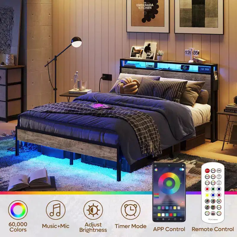Estructura de cama tamaño full con plataforma y luces LED, cabecero de almacenamiento con estación de carga