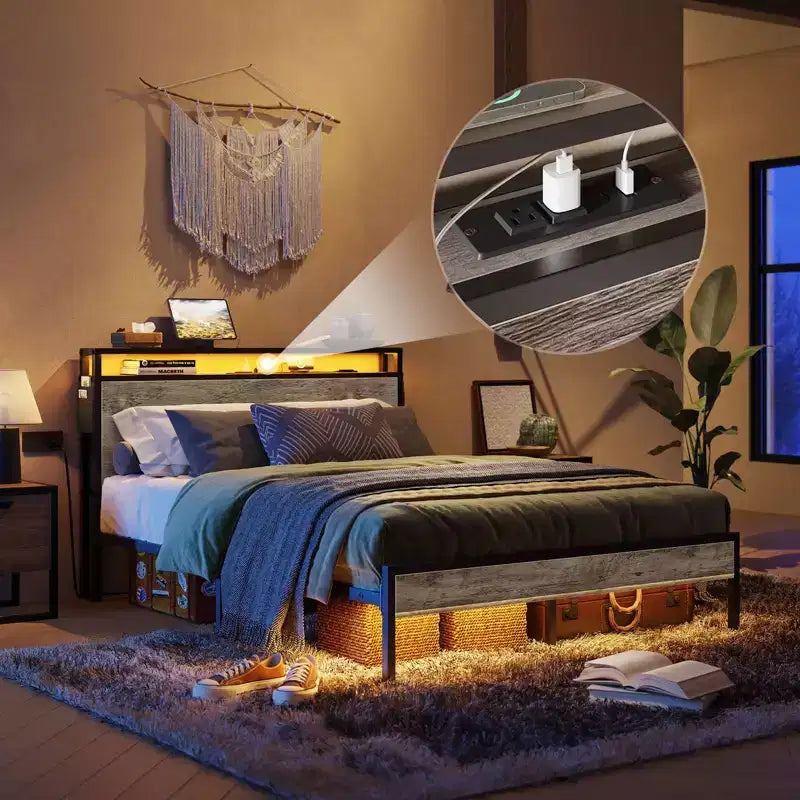 Estructura de cama tamaño full con plataforma y luces LED, cabecero de almacenamiento con estación de carga