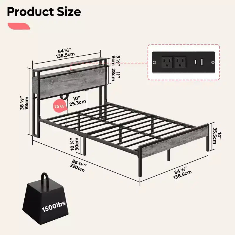 Estructura de cama tamaño full con plataforma y luces LED, cabecero de almacenamiento con estación de carga