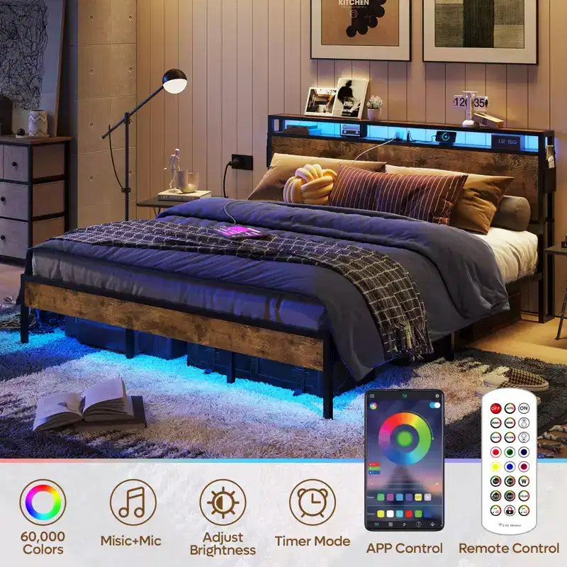 Estructura de cama tamaño full con plataforma y luces LED, cabecero de almacenamiento con estación de carga