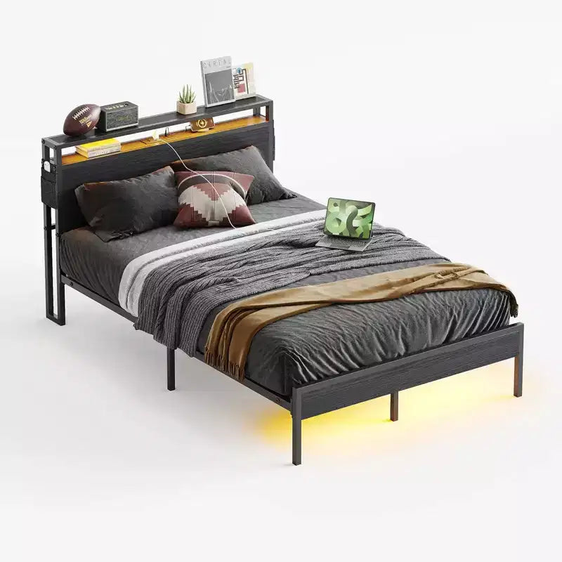 Estructura de cama tamaño full con plataforma y luces LED, cabecero de almacenamiento con estación de carga