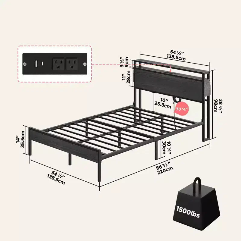 Estructura de cama tamaño full con plataforma y luces LED, cabecero de almacenamiento con estación de carga