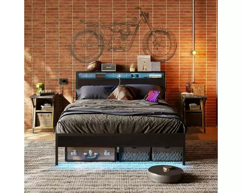 Estructura de cama tamaño full con plataforma y luces LED, cabecero de almacenamiento con estación de carga