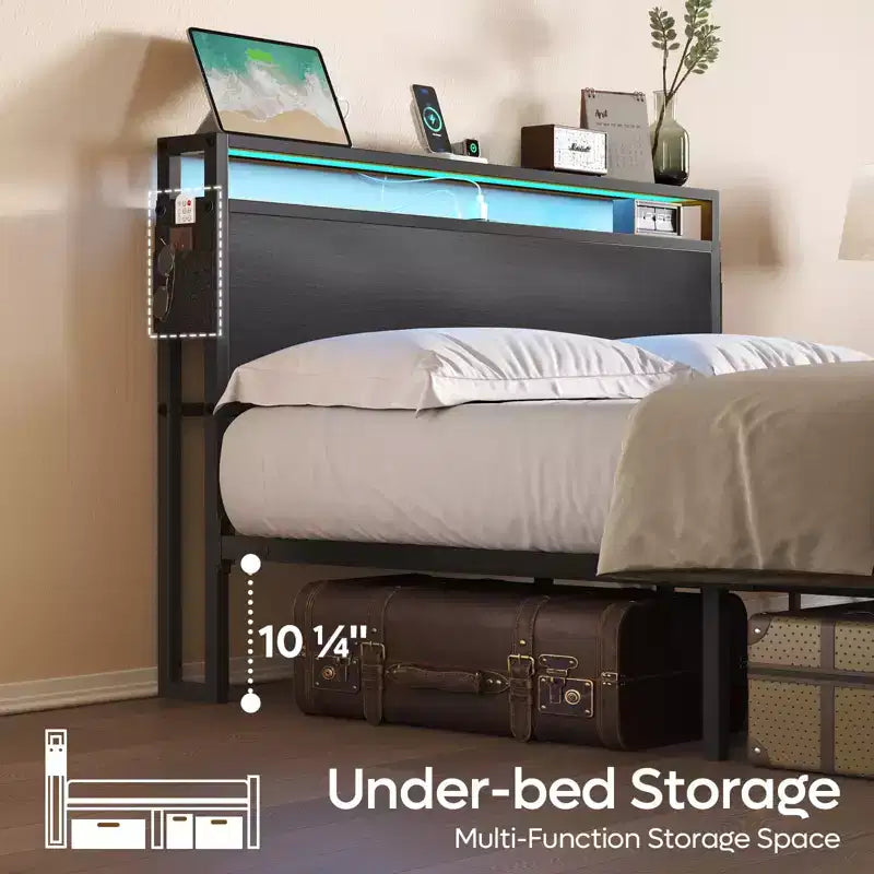 Estructura de cama tamaño full con plataforma y luces LED, cabecero de almacenamiento con estación de carga
