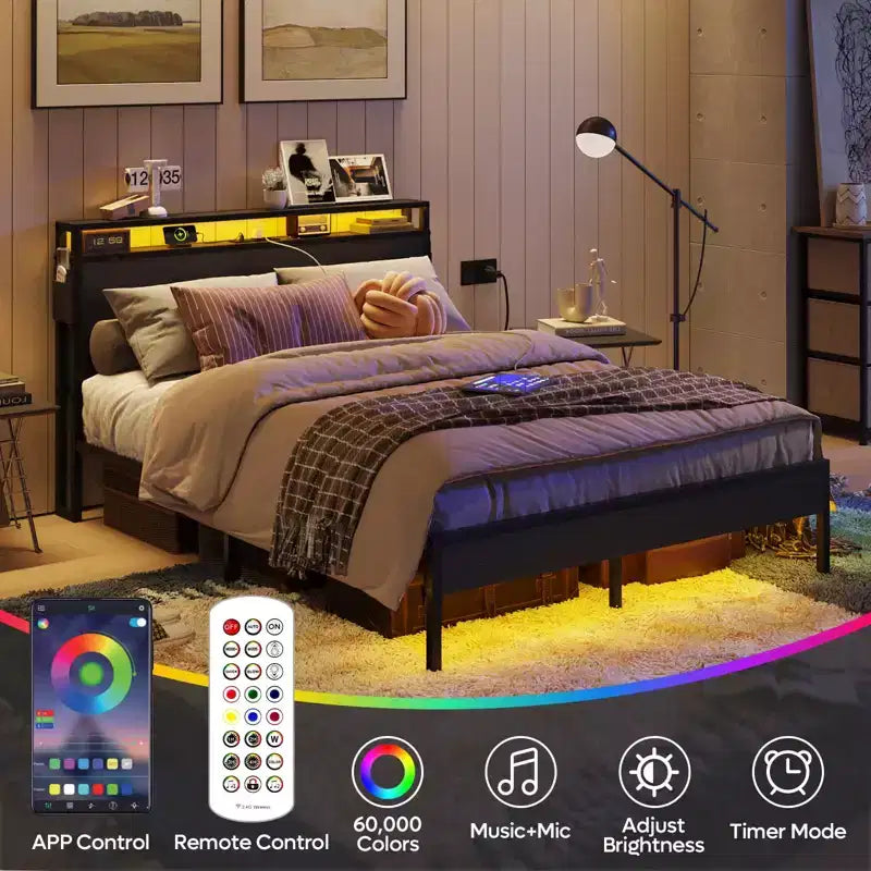 Estructura de cama tamaño full con plataforma y luces LED, cabecero de almacenamiento con estación de carga