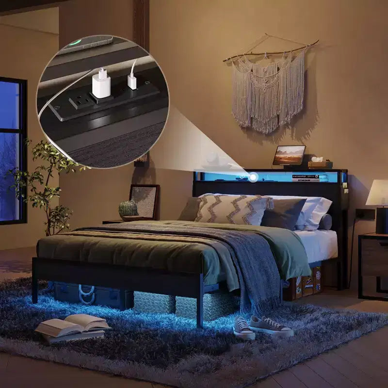 Estructura de cama tamaño full con plataforma y luces LED, cabecero de almacenamiento con estación de carga