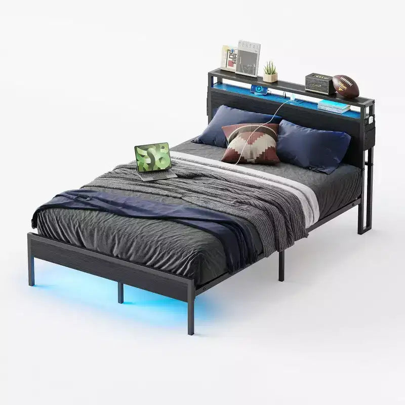Estructura de cama tamaño full con plataforma y luces LED, cabecero de almacenamiento con estación de carga
