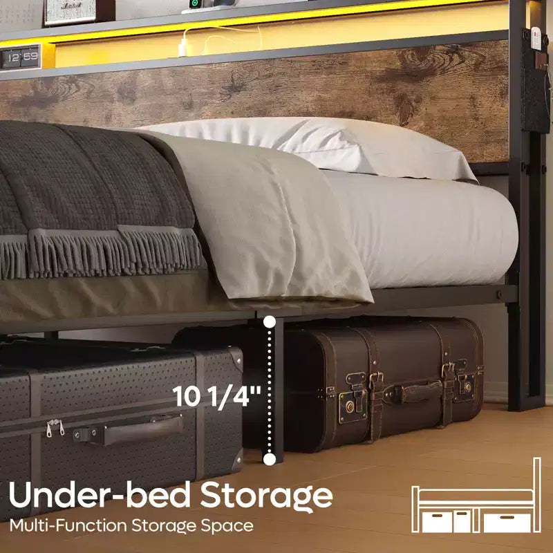 Estructura de cama tamaño full con plataforma y luces LED, cabecero de almacenamiento con estación de carga