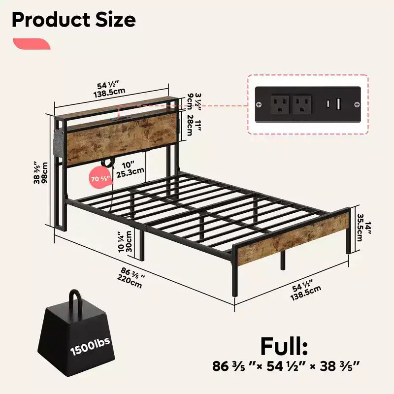 Estructura de cama tamaño full con plataforma y luces LED, cabecero de almacenamiento con estación de carga