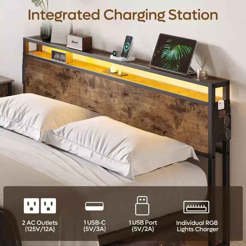 Estructura de cama tamaño full con plataforma y luces LED, cabecero de almacenamiento con estación de carga