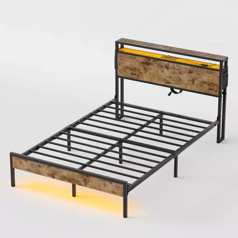 Estructura de cama tamaño full con plataforma y luces LED, cabecero de almacenamiento con estación de carga