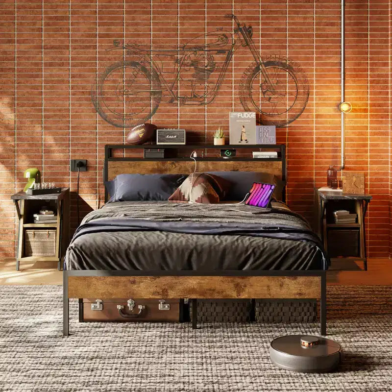 Estructura de cama tamaño full con plataforma y luces LED, cabecero de almacenamiento con estación de carga