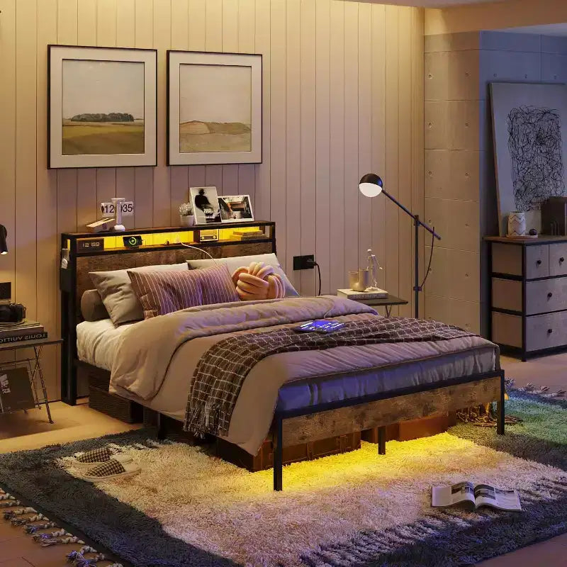 Bestier Full Size Bed Frame Led Platform Bed with Storage Headboard Charging Station