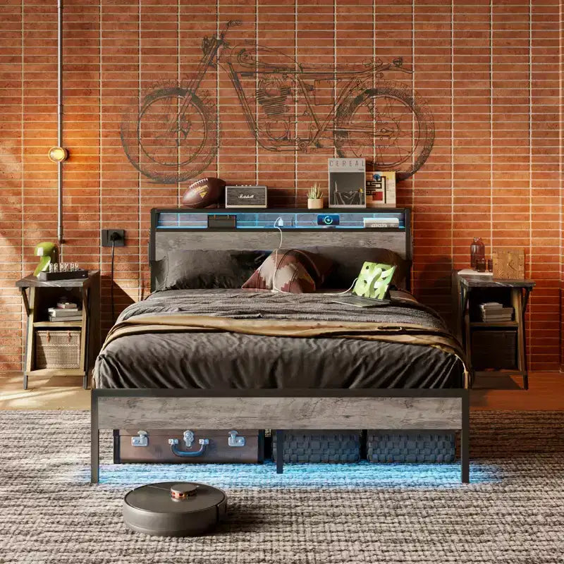 Estructura de cama tamaño full con plataforma y luces LED, cabecero de almacenamiento con estación de carga