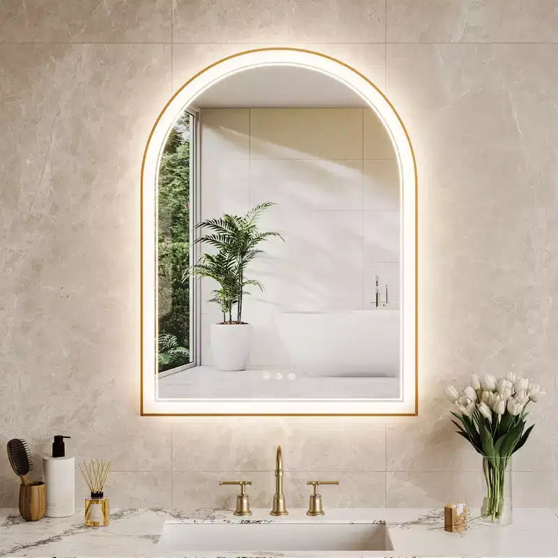 Espejo de baño arqueado dorado con LED, 24x32 pulgadas - iluminación frontal y trasera antivaho con función de memoria, 3 temperaturas de color, control táctil (dorado)
