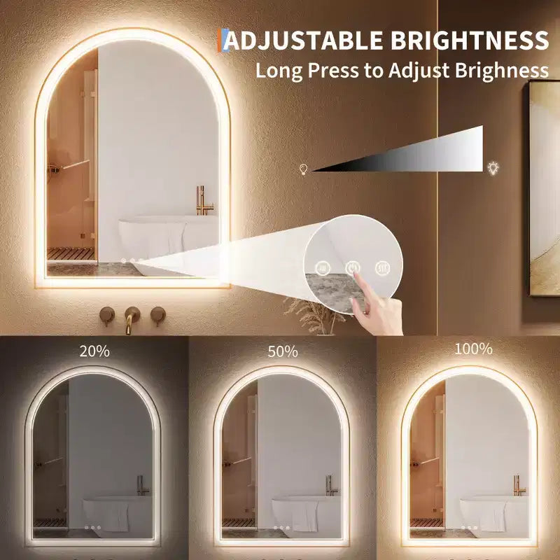 Espejo de baño arqueado dorado con LED, 24x32 pulgadas - iluminación frontal y trasera antivaho con función de memoria, 3 temperaturas de color, control táctil (dorado)
